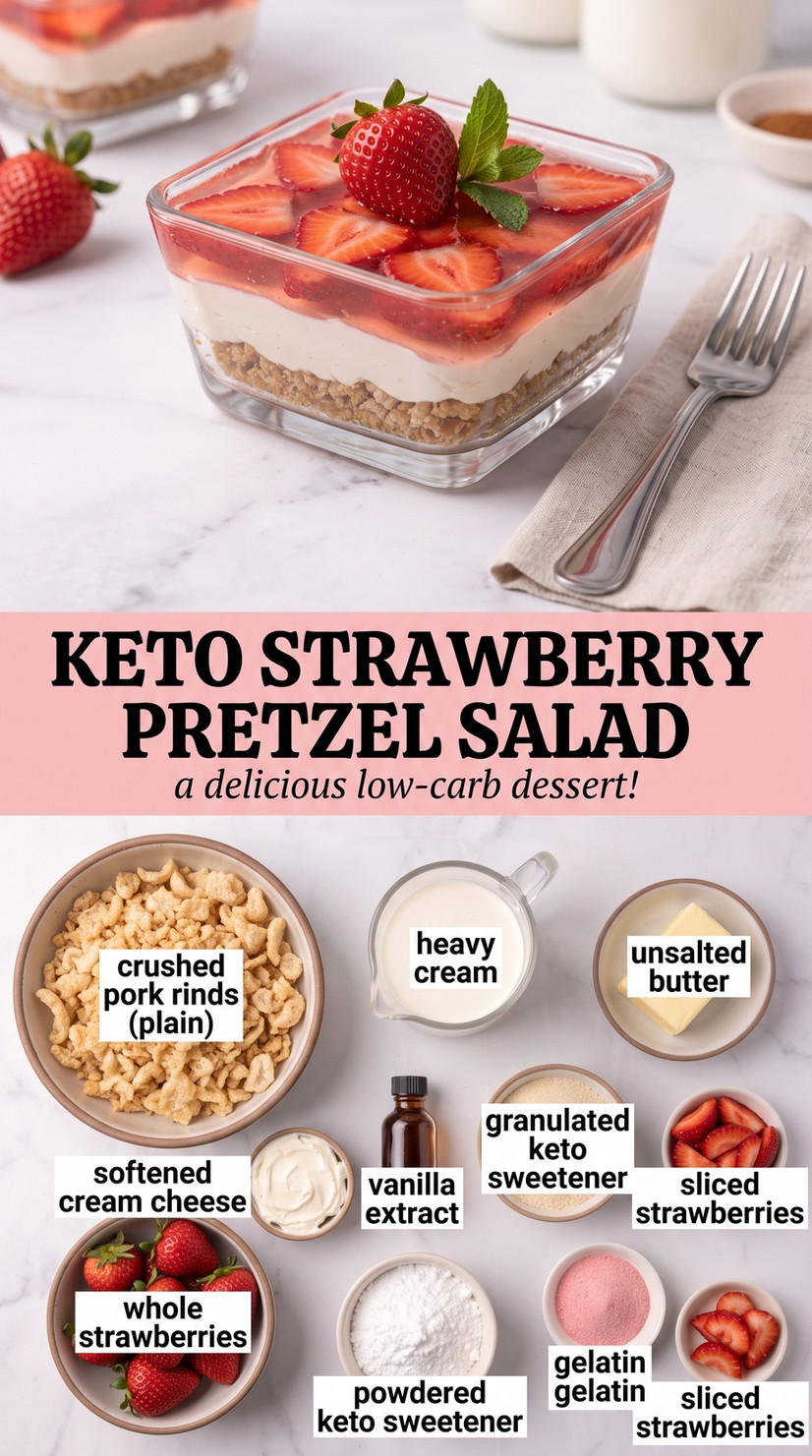 Keto Strawberry Pretzel Salad with keto strawberry pretzel-style dessert with a pork-rind crust, cream-cheese filling, whipped cream, and fresh berries