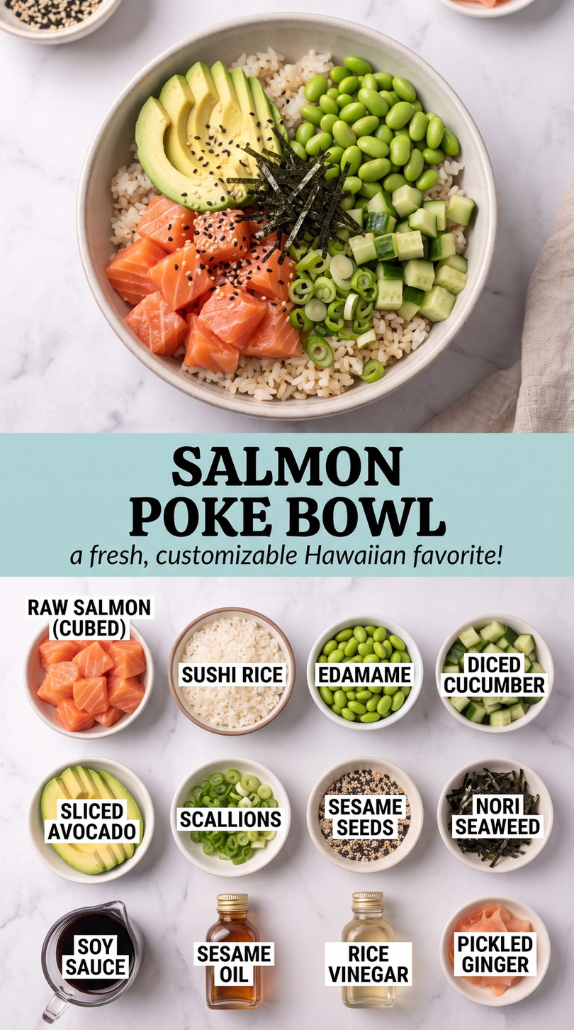 Salmon Poke Bowl showing salmon poke with rice, avocado, cucumber, edamame, scallions, sesame, and nori