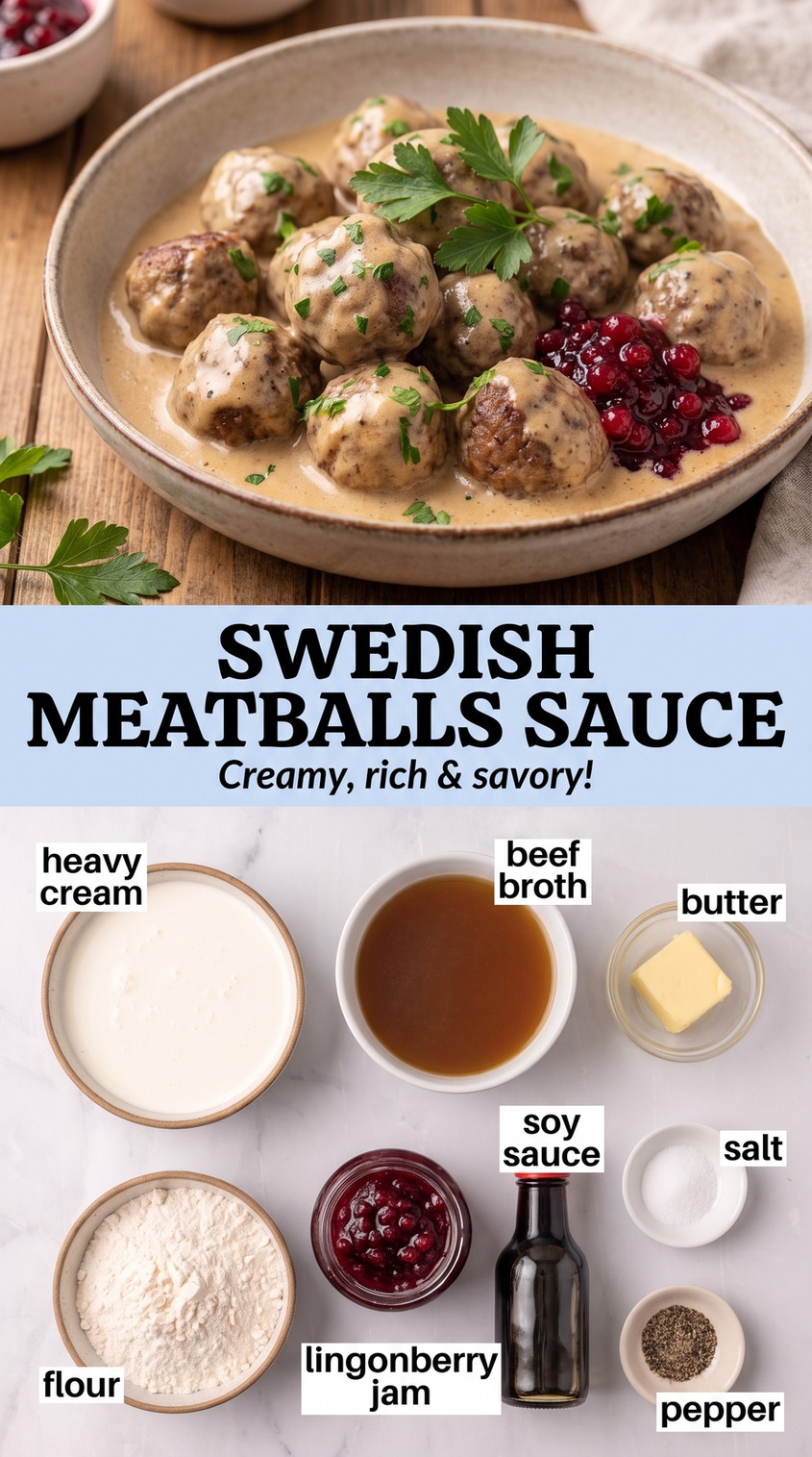Swedish meatballs sauce finished dish made with heavy cream, beef broth, and butter