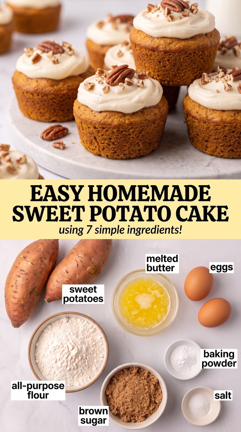 Sweet potato cake recipe finished dish made with sweet potatoes, melted butter, and eggs