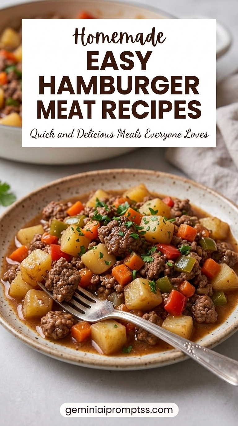 Easy Hamburger Meat Recipes showing a ground-beef and potato skillet with carrots, peppers, melted cheese, and chopped green herbs
