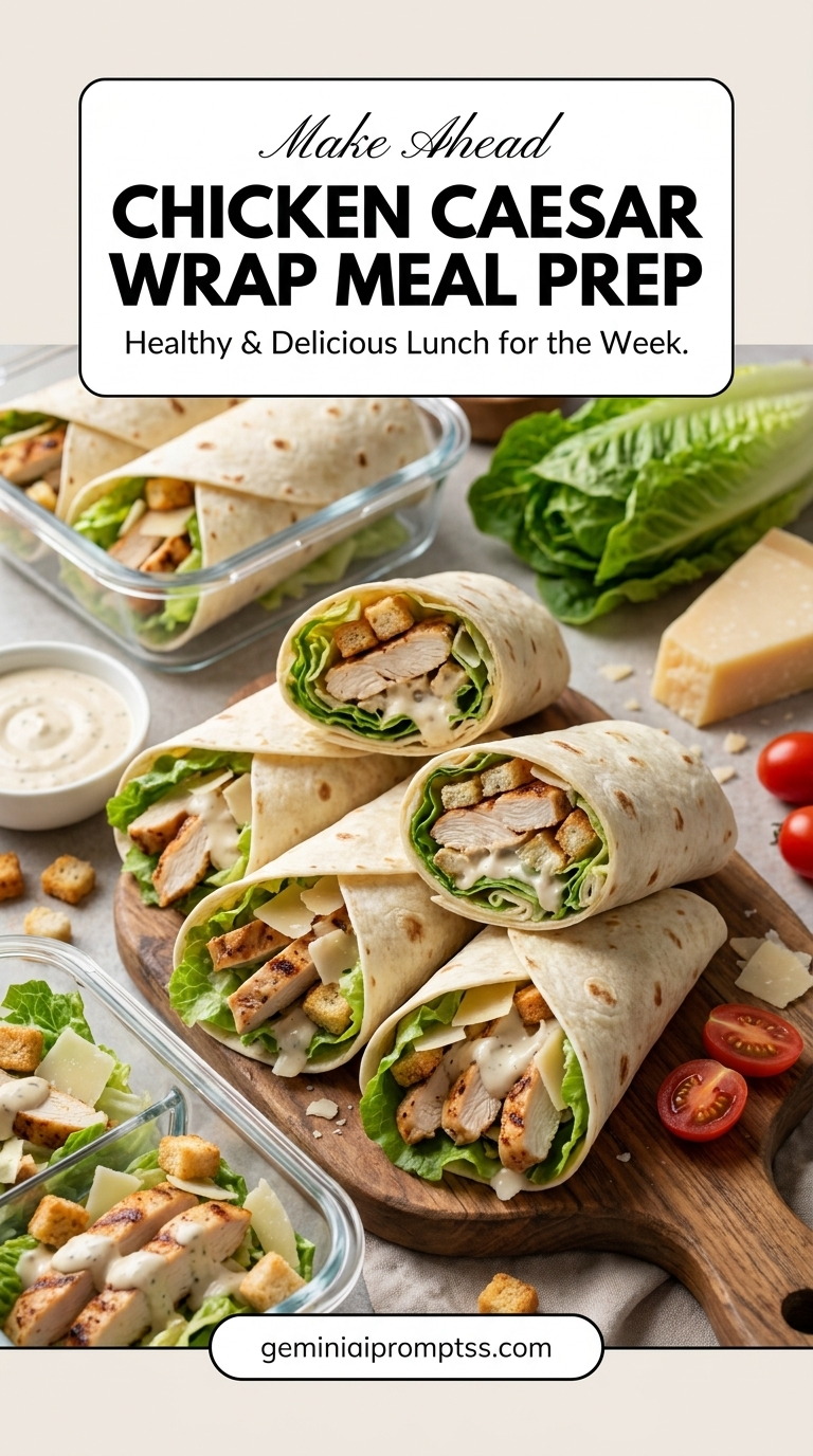 Chicken Caesar Wrap Meal Prep with golden chicken, crisp romaine, Parmesan, creamy Caesar-style dressing, and crunchy elements such as croutons or toasted bread