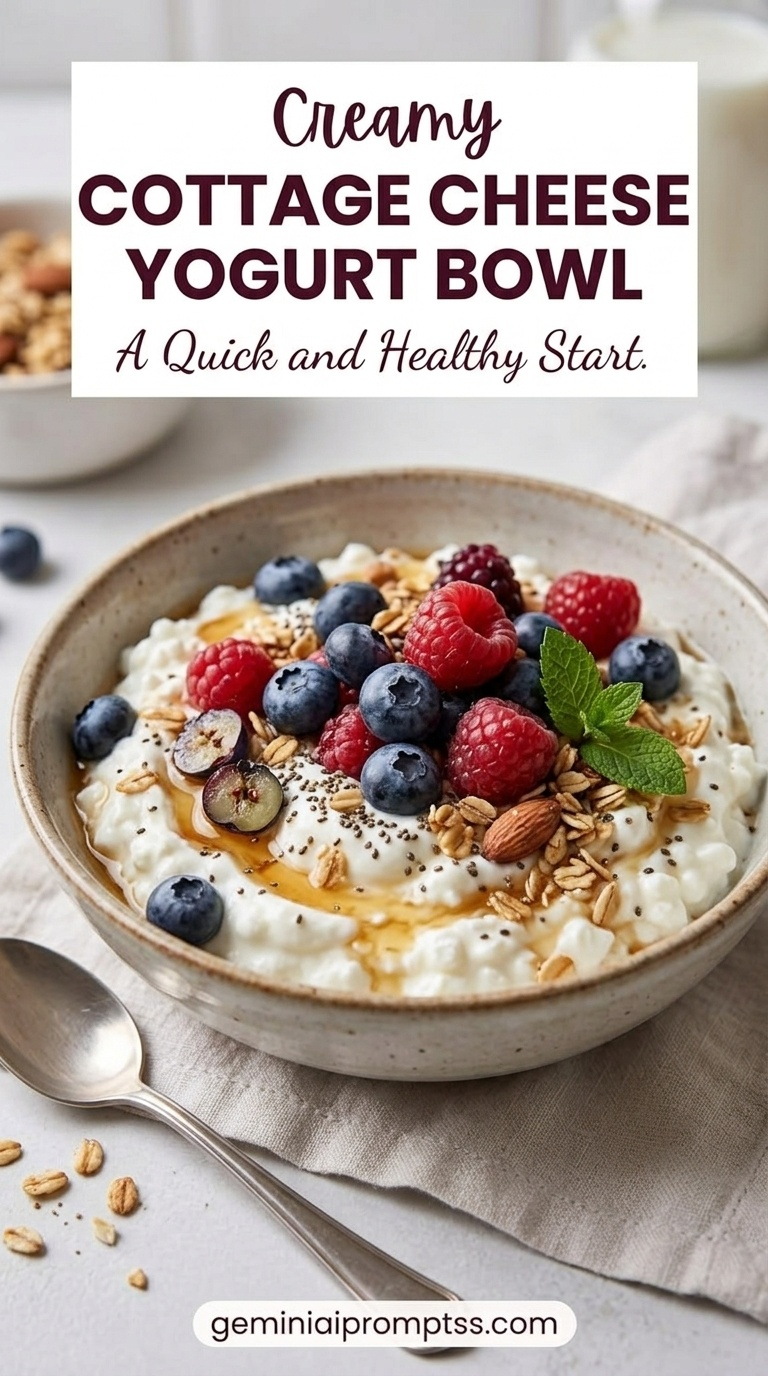 Cottage Cheese Yogurt Bowl showing cottage cheese and Greek yogurt with berries, granola, chia, and mint