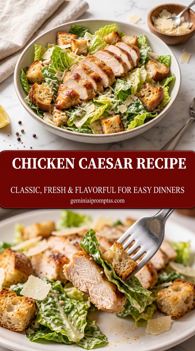 Chicken Caesar Recipe with seasoned chicken with crisp romaine, Parmesan, creamy Caesar dressing, and crunchy bread pieces