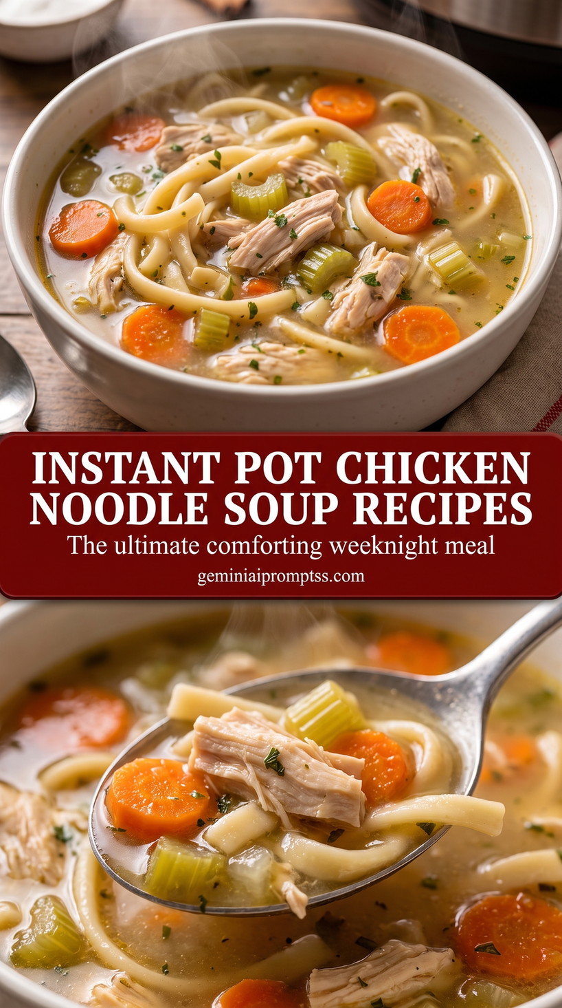 Instant Pot chicken noodle soup with quick-cooked vegetables with carrots, celery, egg noodles, and an herb broth
