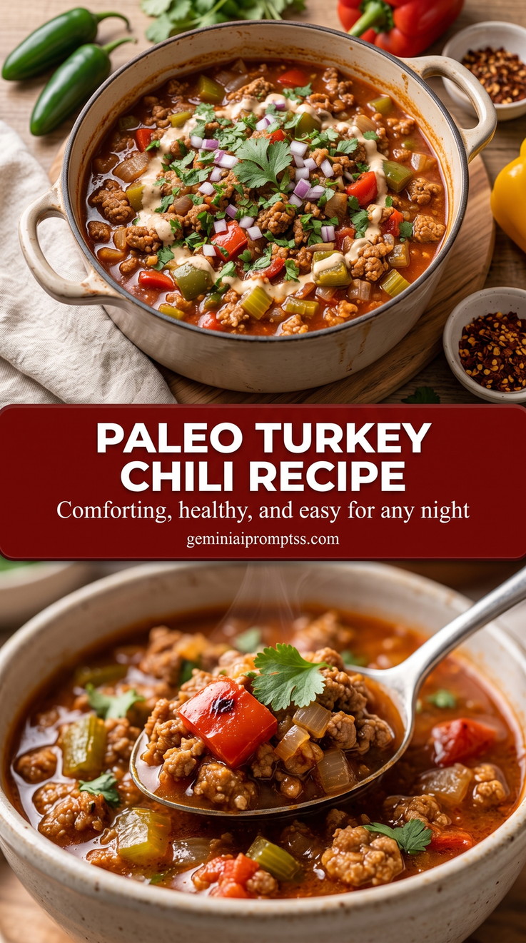 paleo turkey chili recipe with a bean-free paleo turkey chili with ground turkey, tomato, red and green peppers, celery, onion, cilantro, and chile