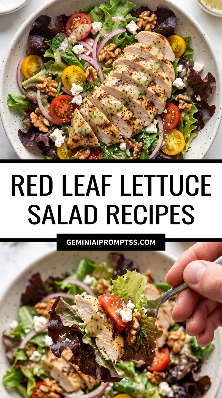 Red Leaf Lettuce Salad Recipes showing dark red and green leaf lettuce topped with sliced grilled chicken, tomatoes, walnuts and white cheese