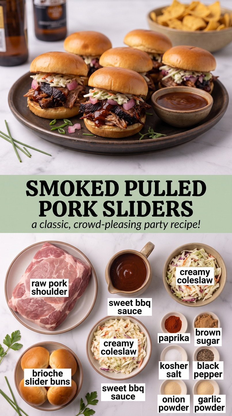 Smoked Super Bowl Party Food with smoked pulled-pork sliders with sweet barbecue sauce, creamy coleslaw, brioche buns, and a paprika-brown-sugar rub