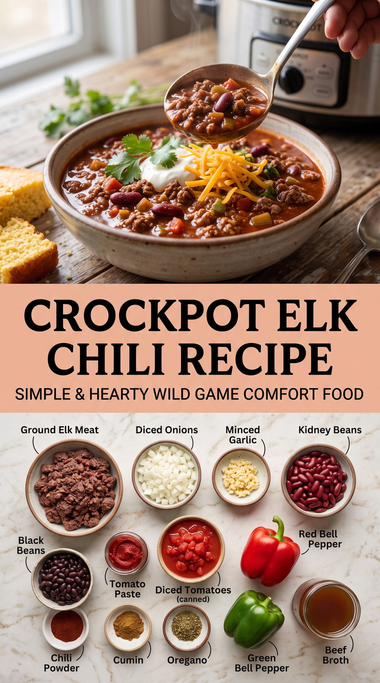 Crockpot Elk Chili Recipe with elk chili with kidney beans, black beans, tomatoes, peppers, garlic, cumin, and oregano