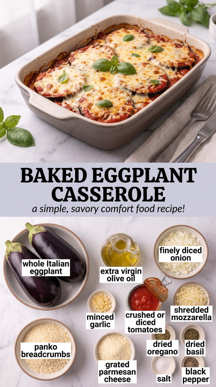 Eggplant Casserole Recipe showing a baked eggplant casserole layered with tomato, mozzarella, Parmesan and herbed breadcrumbs