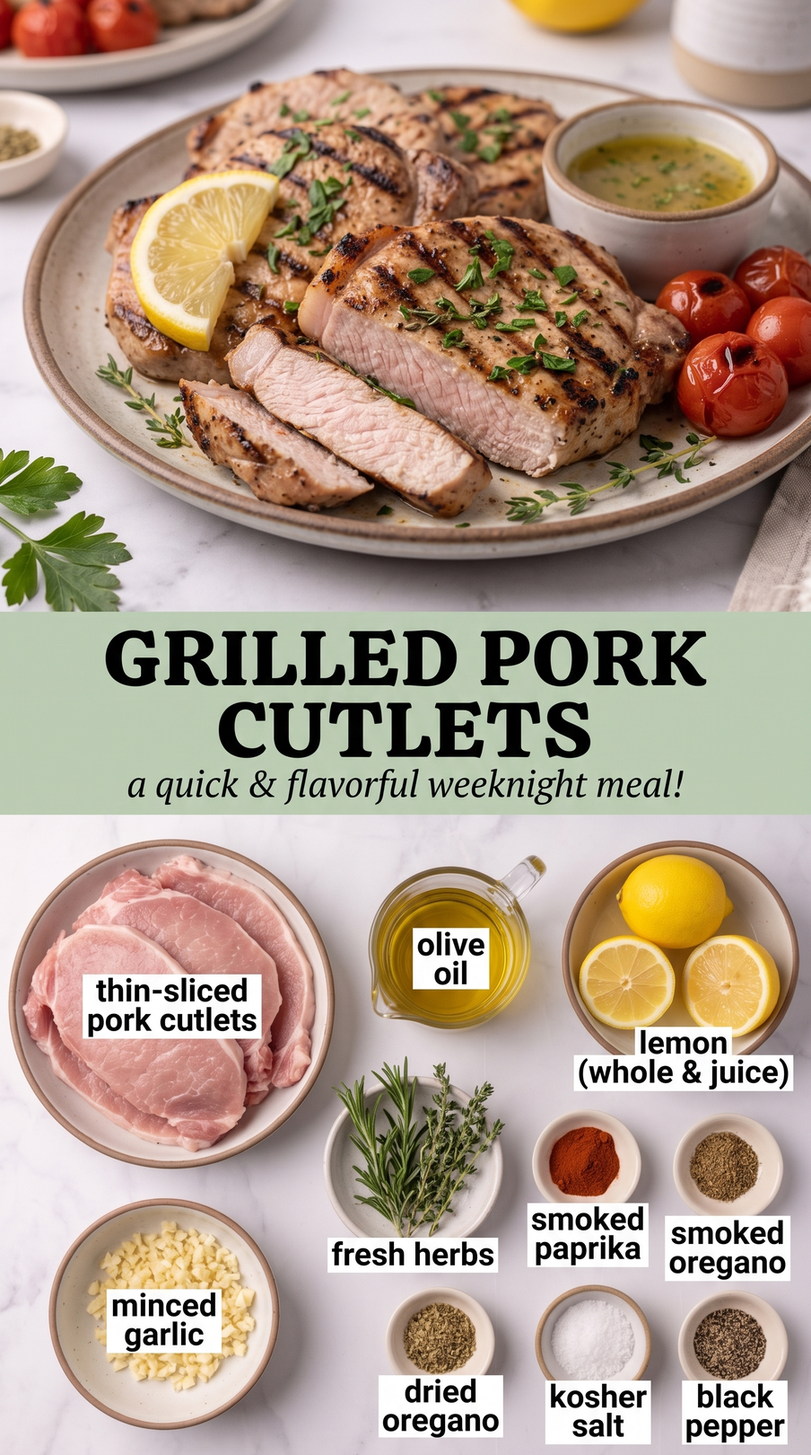 Grilled Pork Cutlets with Mustard-Herb Marinade prepared as a finished grilled pork cutlet recipe recipe with browned cutlets ready to serve