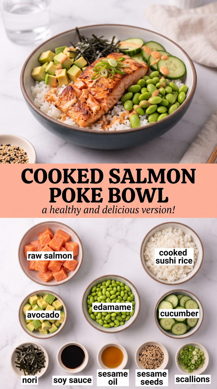 Cooked Salmon Poke Bowl showing cooked salmon with rice, avocado, cucumber, edamame, nori, sesame, and scallions