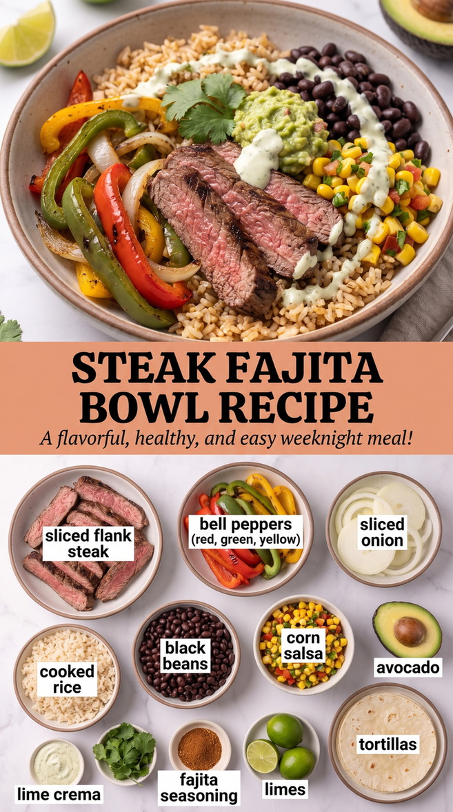 Steak fajita bowl recipe showing a fajita rice bowl with sliced meat, peppers, rice, beans, corn, and avocado
