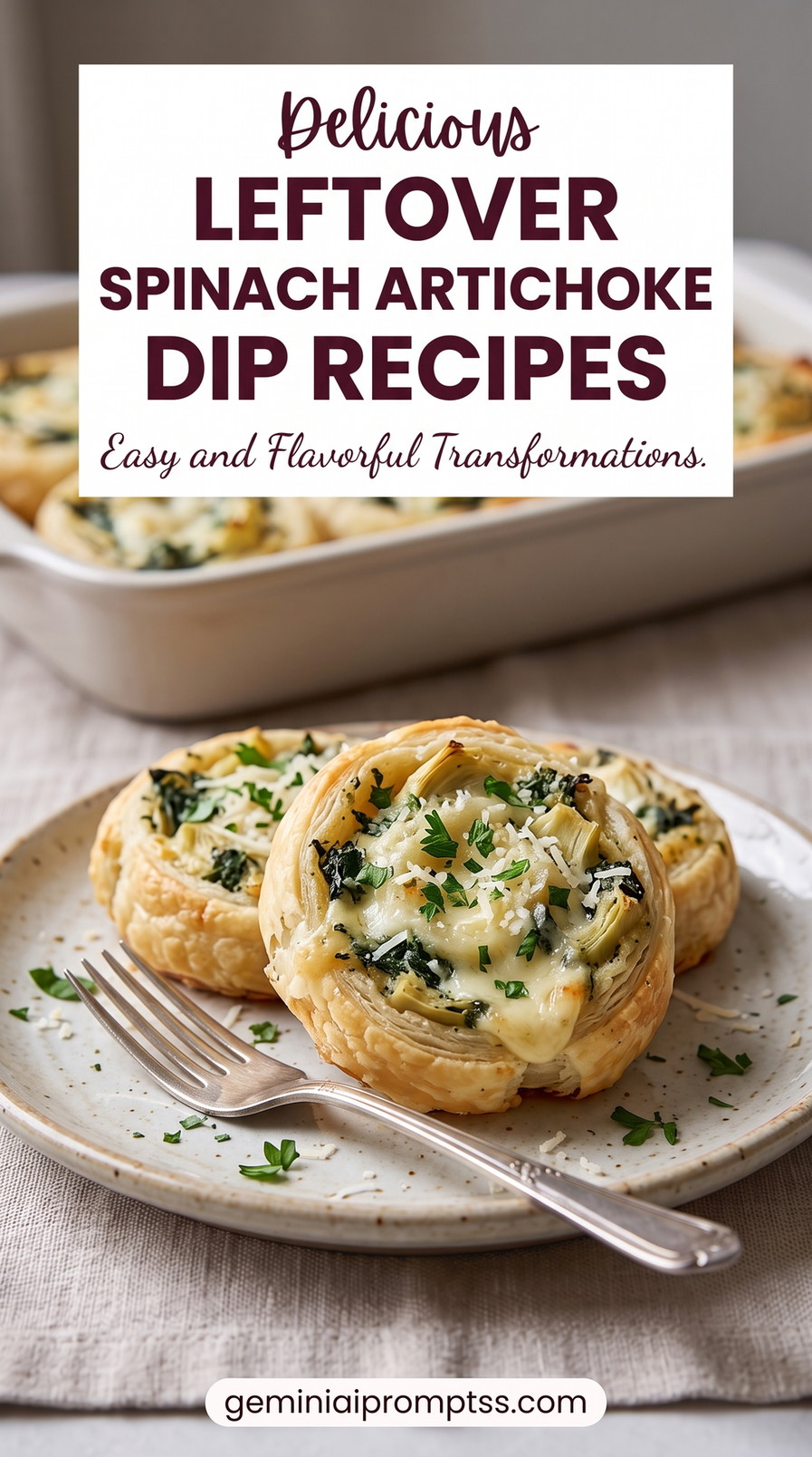 Leftover spinach artichoke dip recipes showing spiraled puff pastry pinwheels filled with leftover spinach-artichoke dip and Parmesan