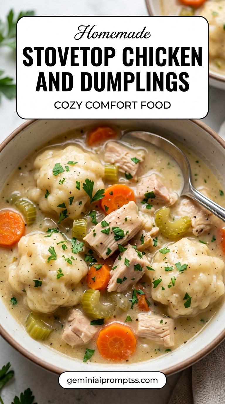 Stovetop Chicken and Dumplings showing stovetop chicken and dumplings with carrots, celery, creamy broth, and fluffy dumplings