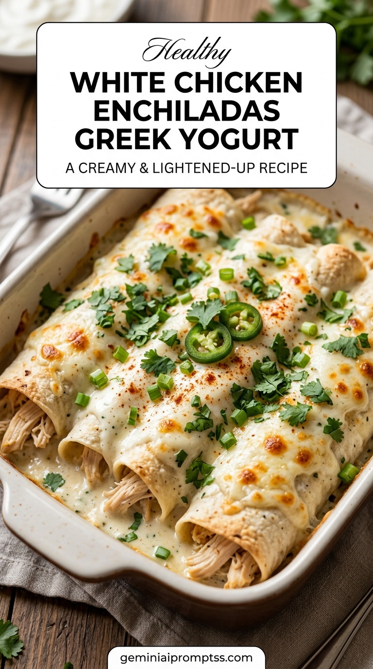 Healthy White Chicken Enchiladas Greek Yogurt finished dish with shredded chicken, melted cheese