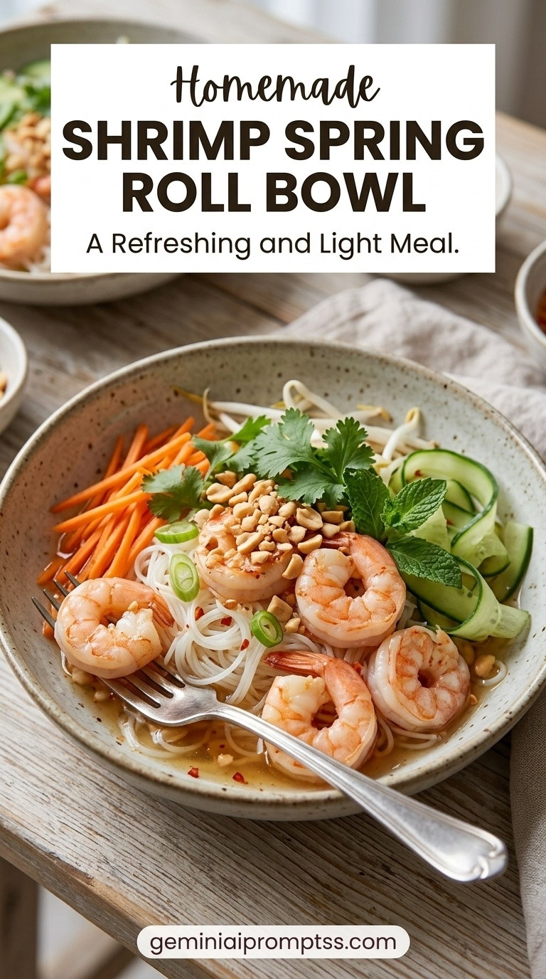 Shrimp Spring Roll Bowl showing shrimp, rice noodles, cucumber, carrots, red cabbage, herbs, peanuts, and peanut sauce