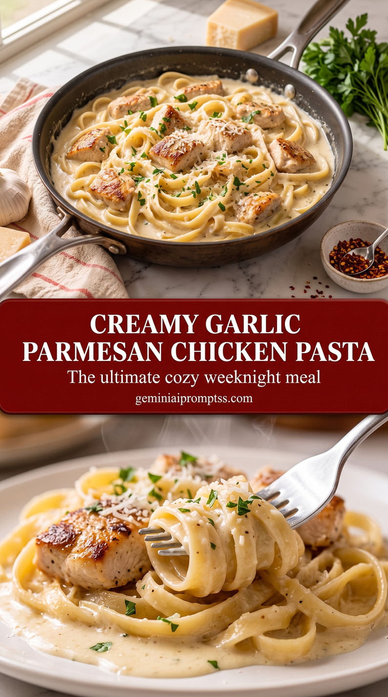 Creamy Garlic Parmesan Chicken Pasta with creamy chicken pasta with Parmesan, garlic, pale sauce, and a fresh herb finish