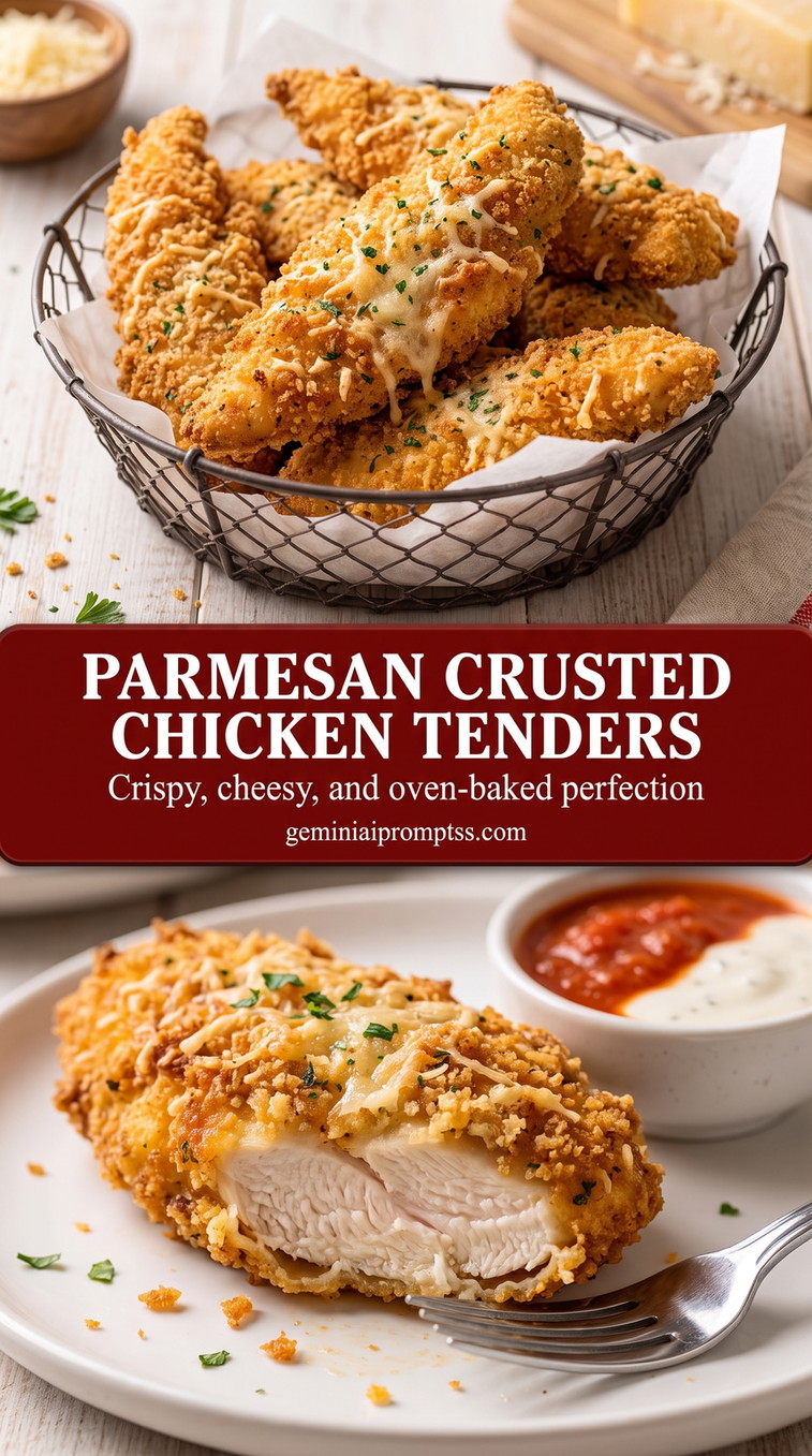 Parmesan-crusted chicken tenders with golden Parmesan crumbs around juicy chicken tenders