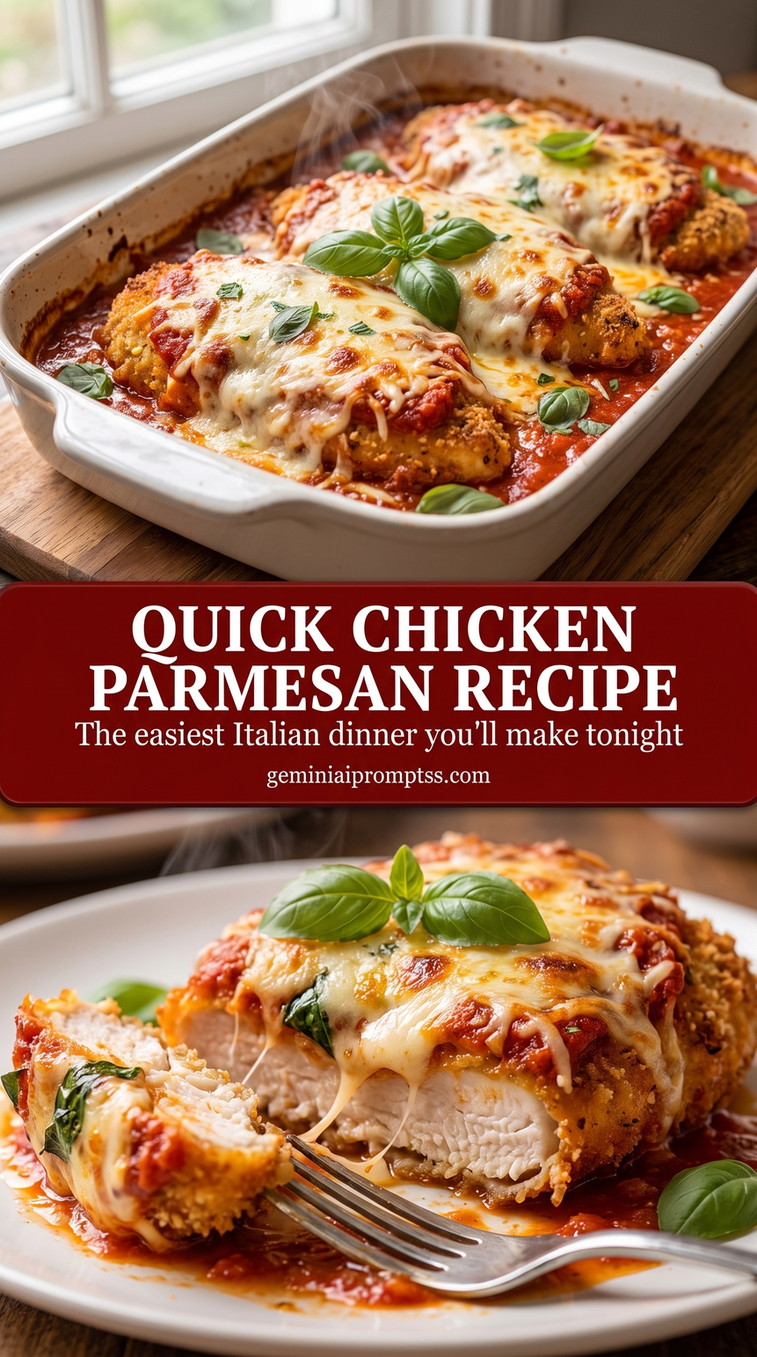 Quick chicken parmesan recipe showing golden Parmesan-crusted chicken with a crisp browned coating