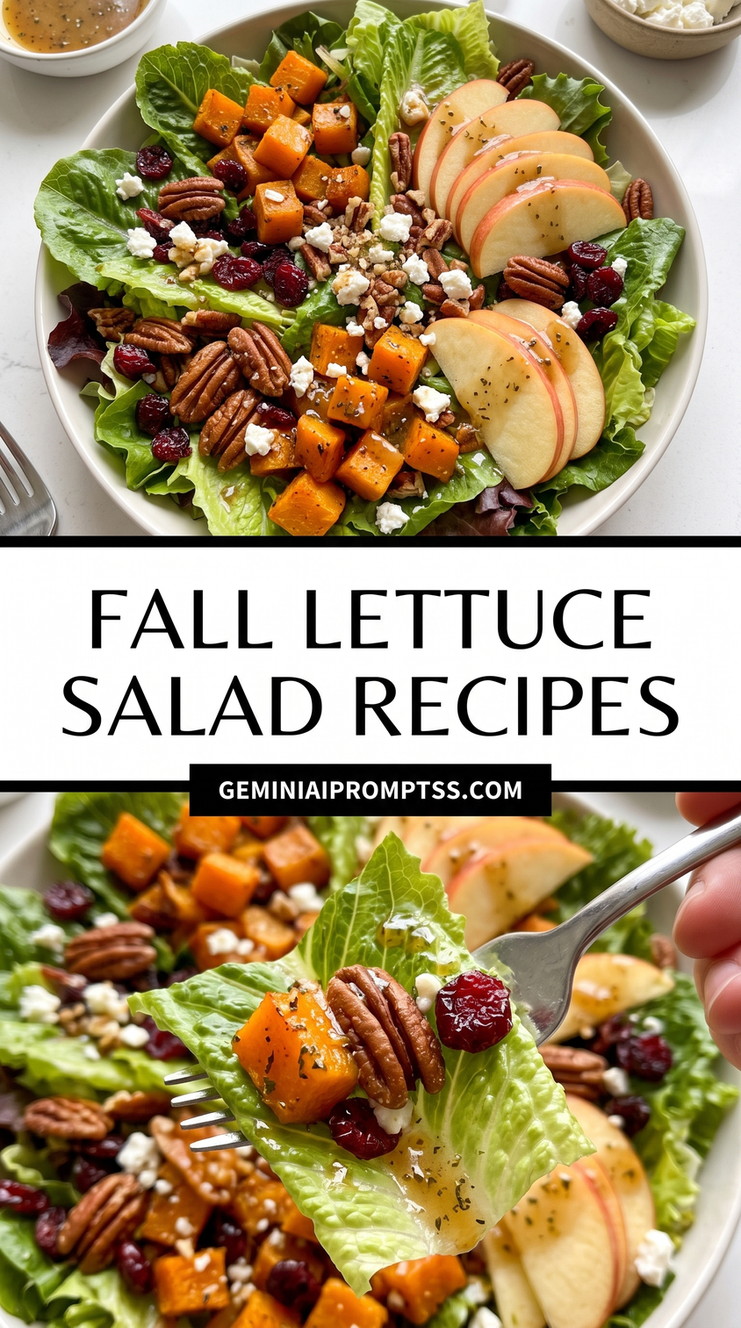 Fall Lettuce Salad Recipes showing lettuce with roasted orange squash, sliced apple, pecans, dried cranberries and white cheese