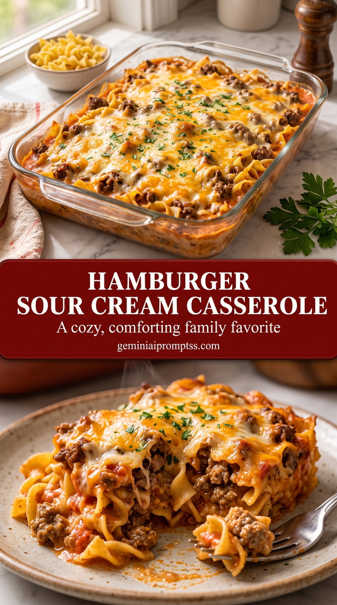 hamburger sour cream casserole with a creamy hamburger noodle casserole with ground beef, egg noodles, tomato sauce, sour cream, melted cheese, and herbs