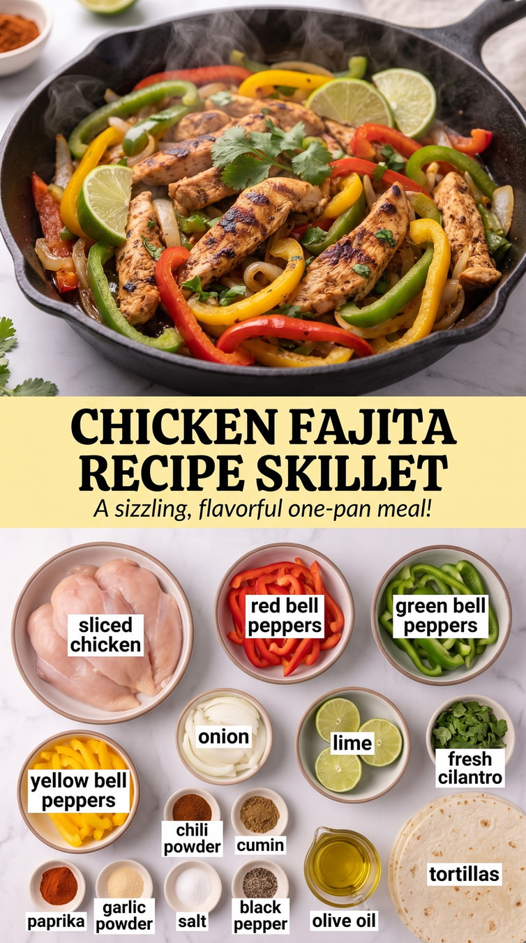 Chicken fajita recipe skillet showing seared fajita meat with colorful peppers and onions