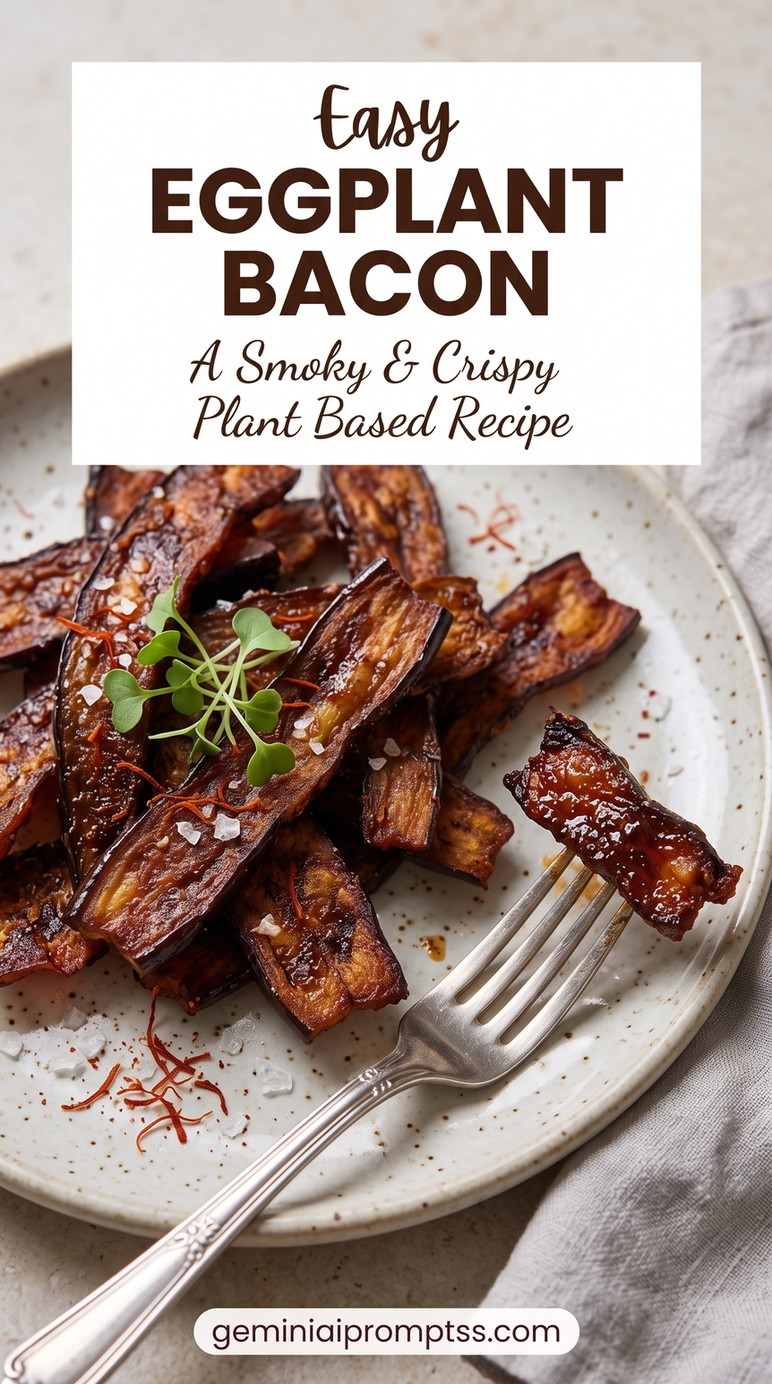 Smoky Crispy Eggplant Bacon showing thin crisp eggplant strips with a smoky glaze, red pepper flakes, and microgreens