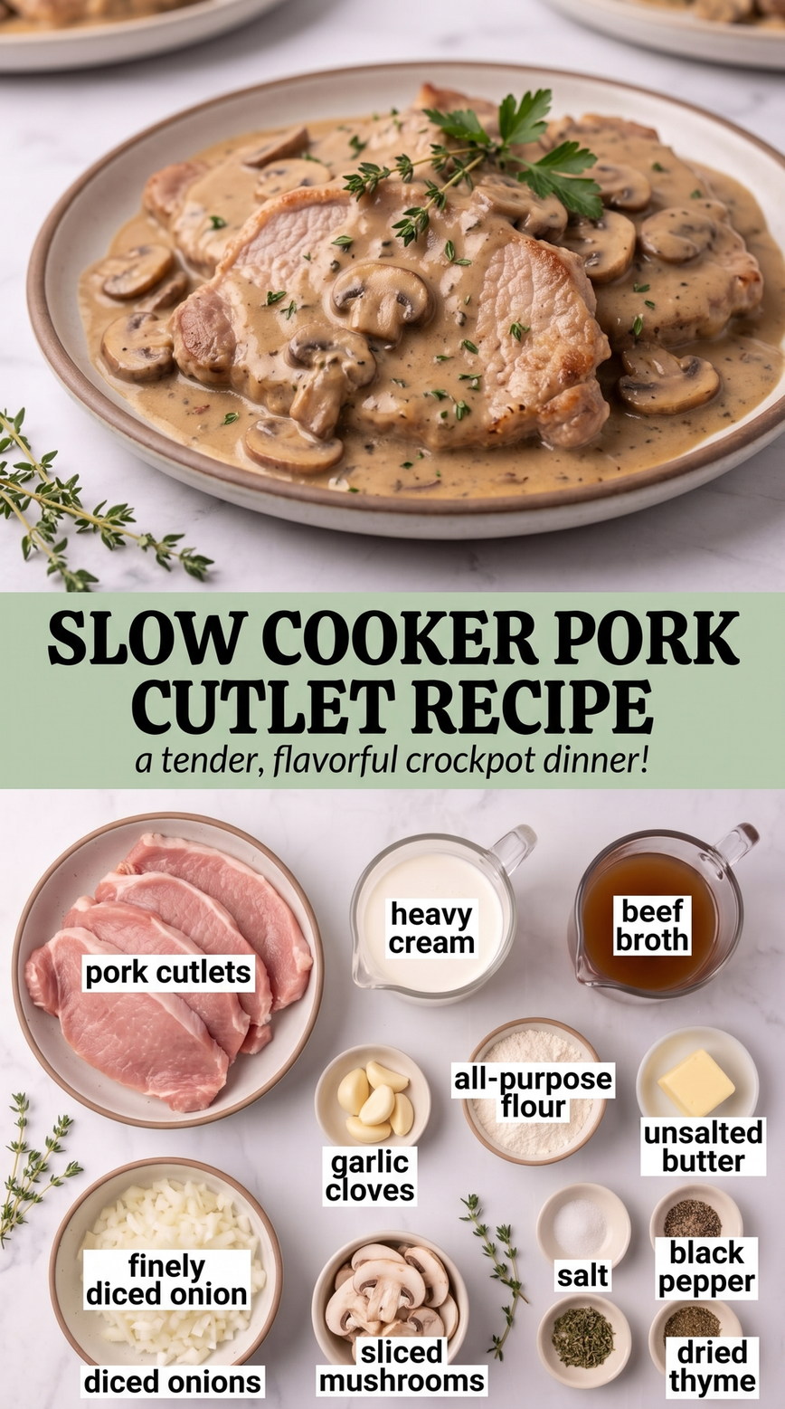 Slow Cooker Pork Cutlets with Apple-Onion Sauce prepared as a finished slow cooker pork cutlet recipe recipe with browned cutlets ready to serve