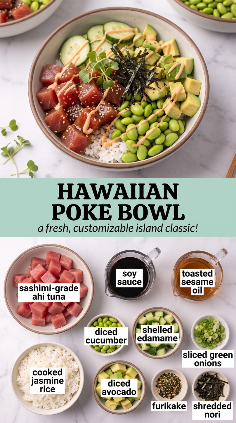 Hawaiian Poke Bowl showing ahi tuna with rice, avocado, cucumber, edamame, scallions, nori, sesame, and soy