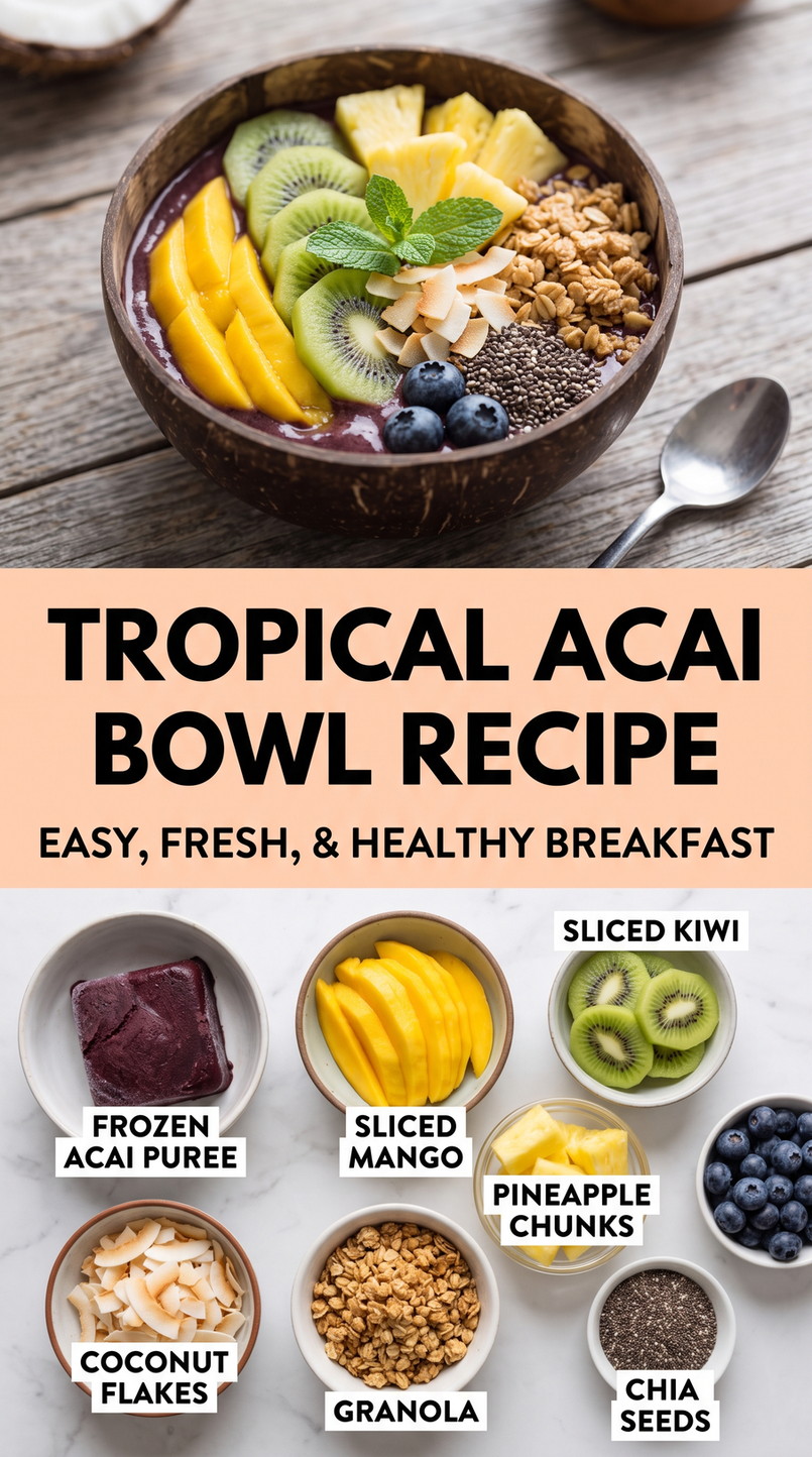 Tropical Acai Bowl Recipe with tropical acai with mango, kiwi, pineapple, blueberries, coconut, granola, and chia