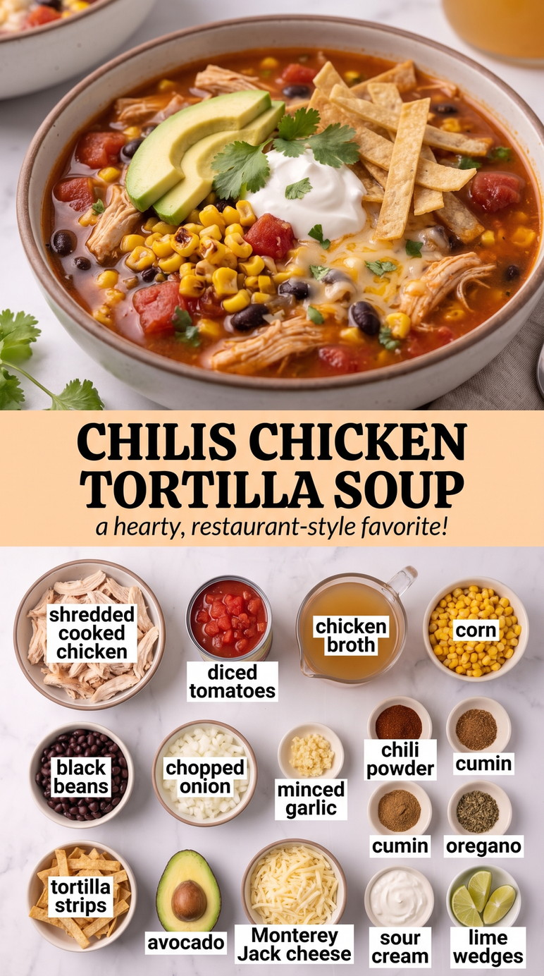 Chili's-Style Masa Chicken Tortilla Soup - a hearty bowl with shredded chicken, beans, corn, tortilla strips, and fresh toppings
