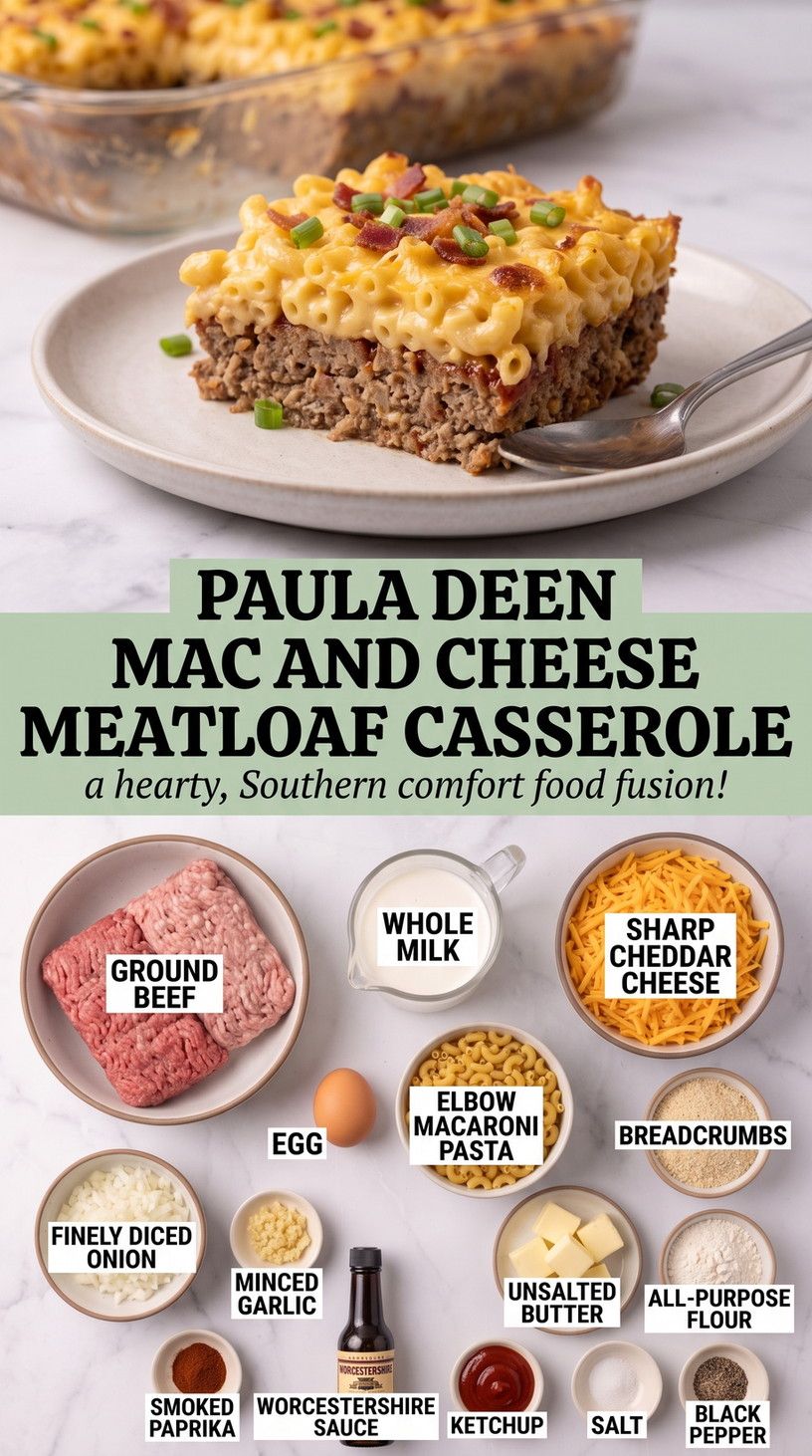 Paula Deen Mac and Cheese Meatloaf Casserole with meatloaf layered beneath creamy cheddar macaroni, with ketchup, Worcestershire, onion, and paprika