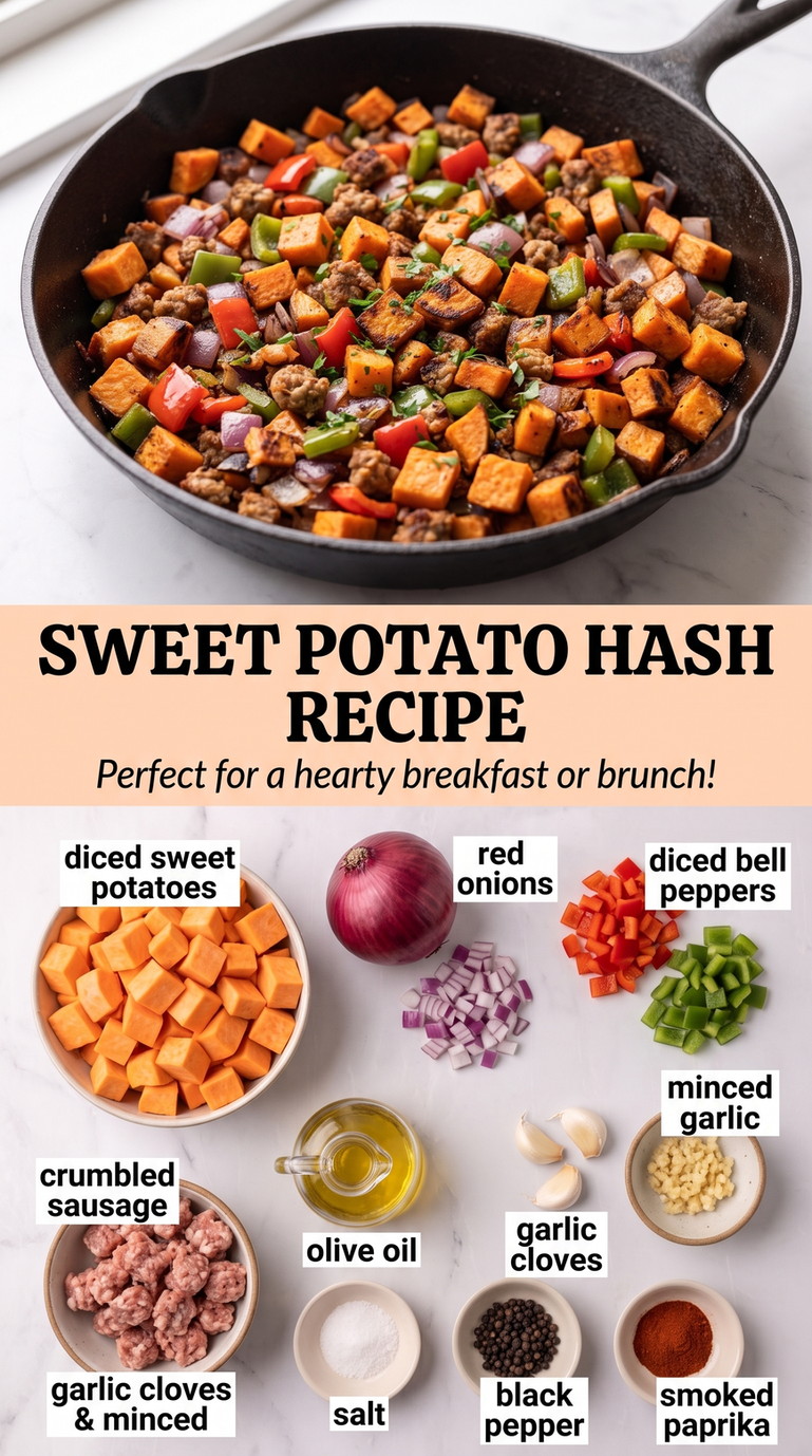 Sweet potato hash recipe finished dish made with diced sweet potatoes, red onions, and diced bell peppers