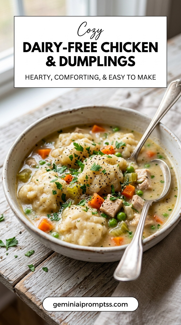 Dairy-Free Chicken and Dumplings showing a creamy-looking dairy-free chicken stew with carrots, peas, celery, fluffy dumplings, and green herbs