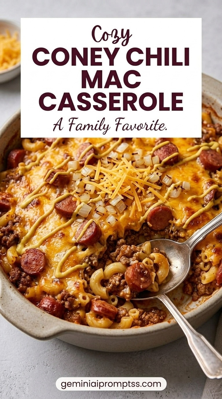 Coney Chili Mac Casserole showing coney-style chili macaroni with beef, hot dogs, tomato chili sauce, cheddar, and green onions