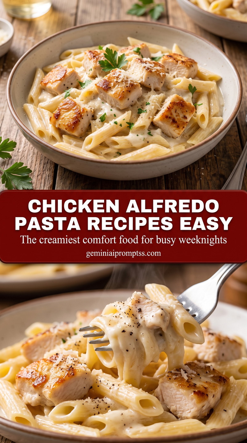 Chicken alfredo pasta recipes easy showing creamy chicken Alfredo pasta with a glossy Parmesan sauce