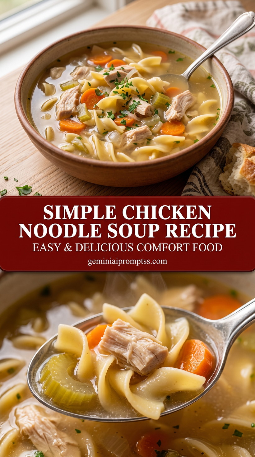 Simple Chicken Noodle Soup Recipe with tender chicken, noodles, carrots, celery, clear golden broth, and a light herb finish