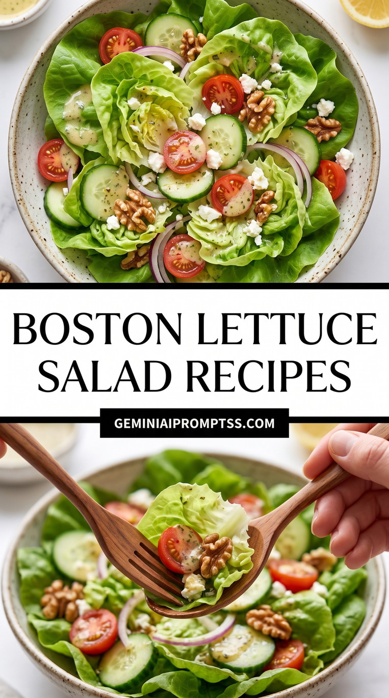 Boston Lettuce Salad Recipes showing soft Boston lettuce leaves with cucumber, tomatoes, walnuts and a small amount of white cheese