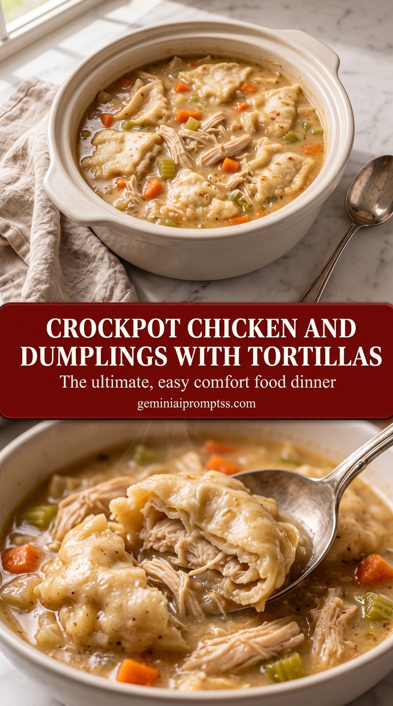 crockpot chicken and dumplings with tortillas with a chicken and dumplings soup with shredded chicken, carrots, celery, broth, and soft tortilla-strip dumplings