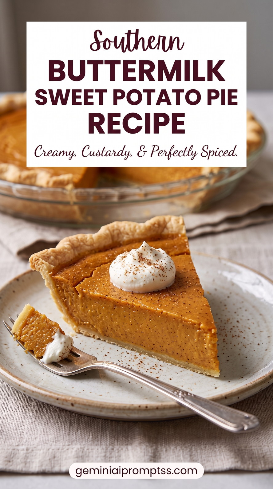 Buttermilk sweet potato pie recipe showing a tangy, custardy filling with visible spice flecks and a flaky crust