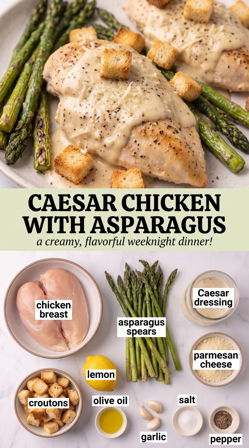 Caesar chicken with asparagus showing grilled chicken with crisp greens, Parmesan, croutons, and creamy Caesar dressing