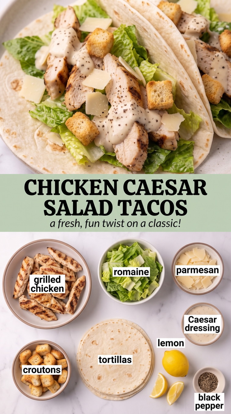 Chicken Caesar Salad Tacos - chicken with crisp romaine, Parmesan, Caesar dressing, and crunchy toppings