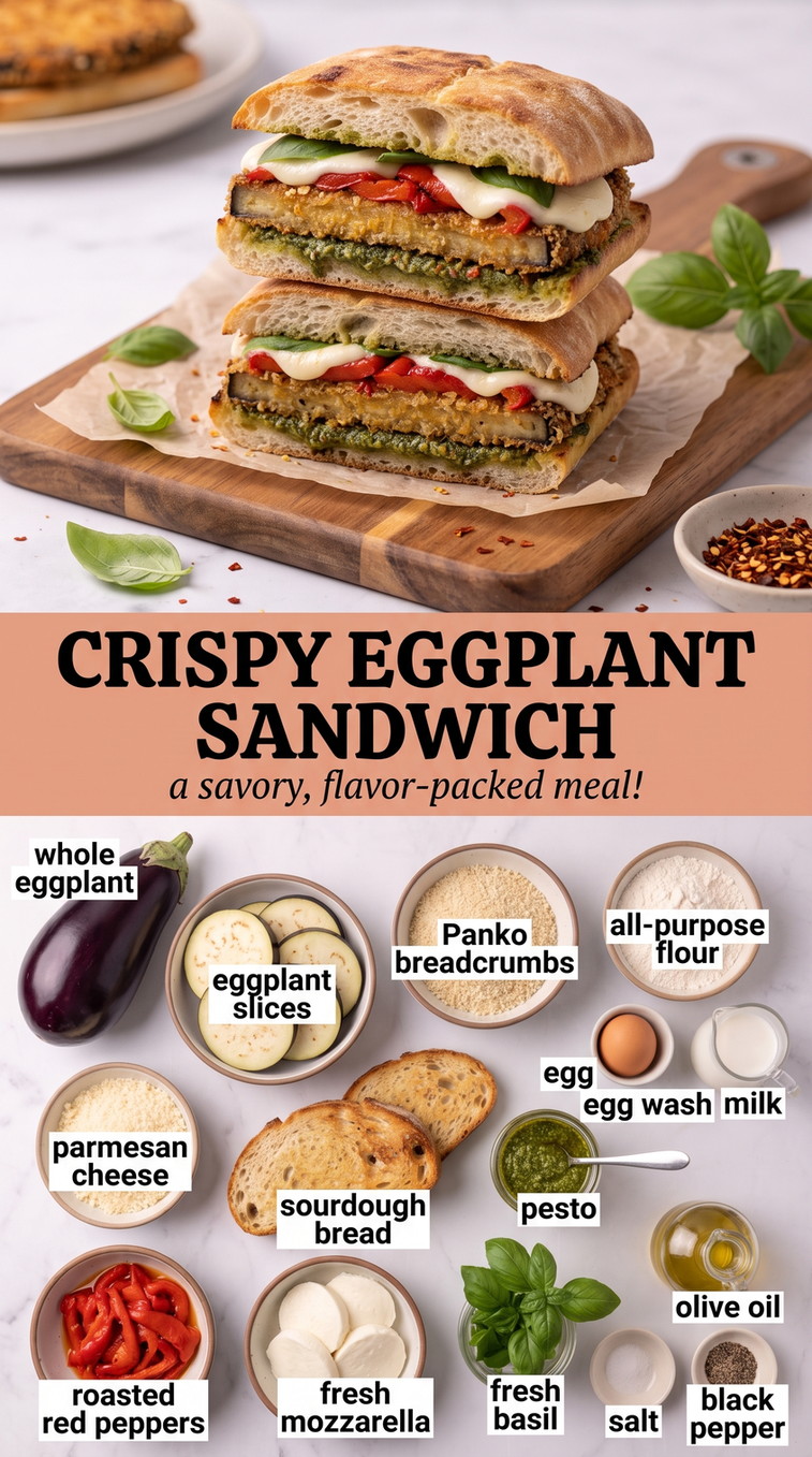 Eggplant Sandwich Recipe showing a crispy eggplant sandwich with pesto, roasted red pepper, mozzarella and basil on sourdough