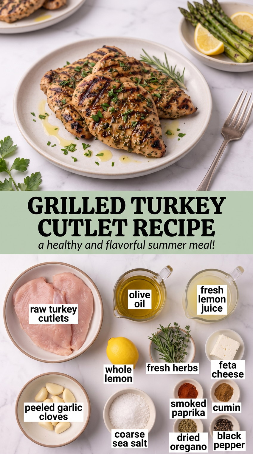 Grilled Turkey Cutlets with Lemon-Rosemary Marinade prepared as a finished grilled turkey cutlet recipe recipe with browned cutlets ready to serve