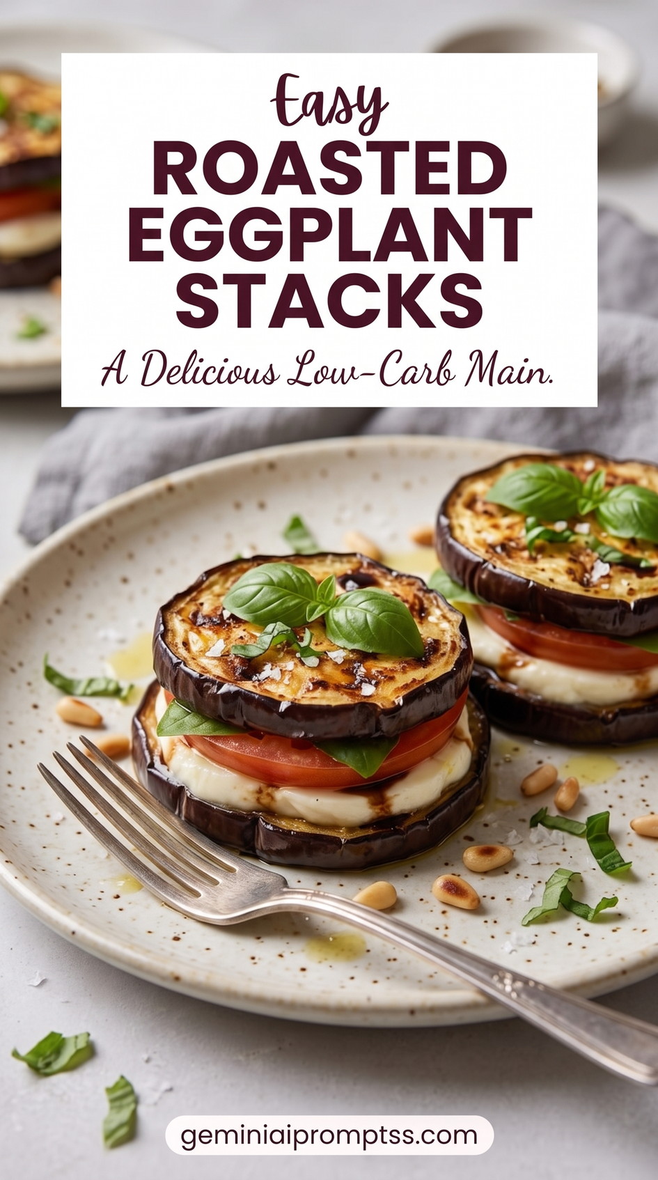 Healthy Roasted Eggplant Caprese Stacks showing roasted eggplant stacks with tomato, fresh cheese, basil, and pine nuts