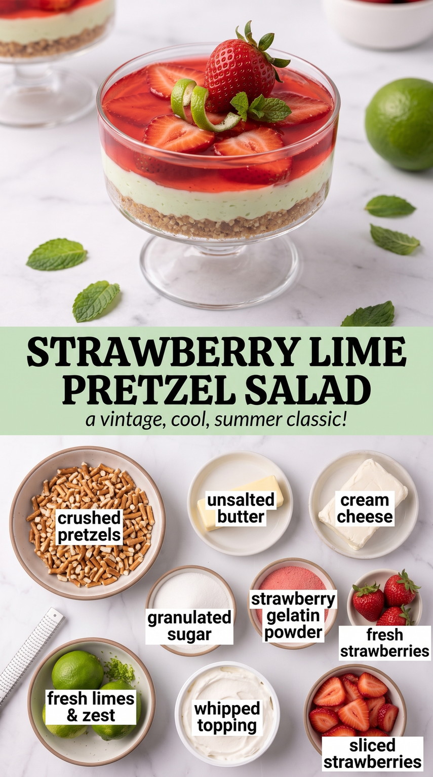 Strawberry Lime Pretzel Salad with strawberry-lime pretzel salad with fresh lime zest, cream cheese, whipped topping, and a bright berry layer
