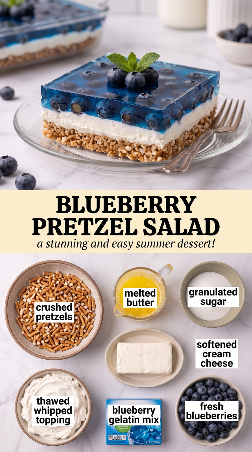 Blueberry Pretzel Salad showing layered blueberry pretzel salad with a crisp pretzel crust, creamy white center, and glossy fruit topping