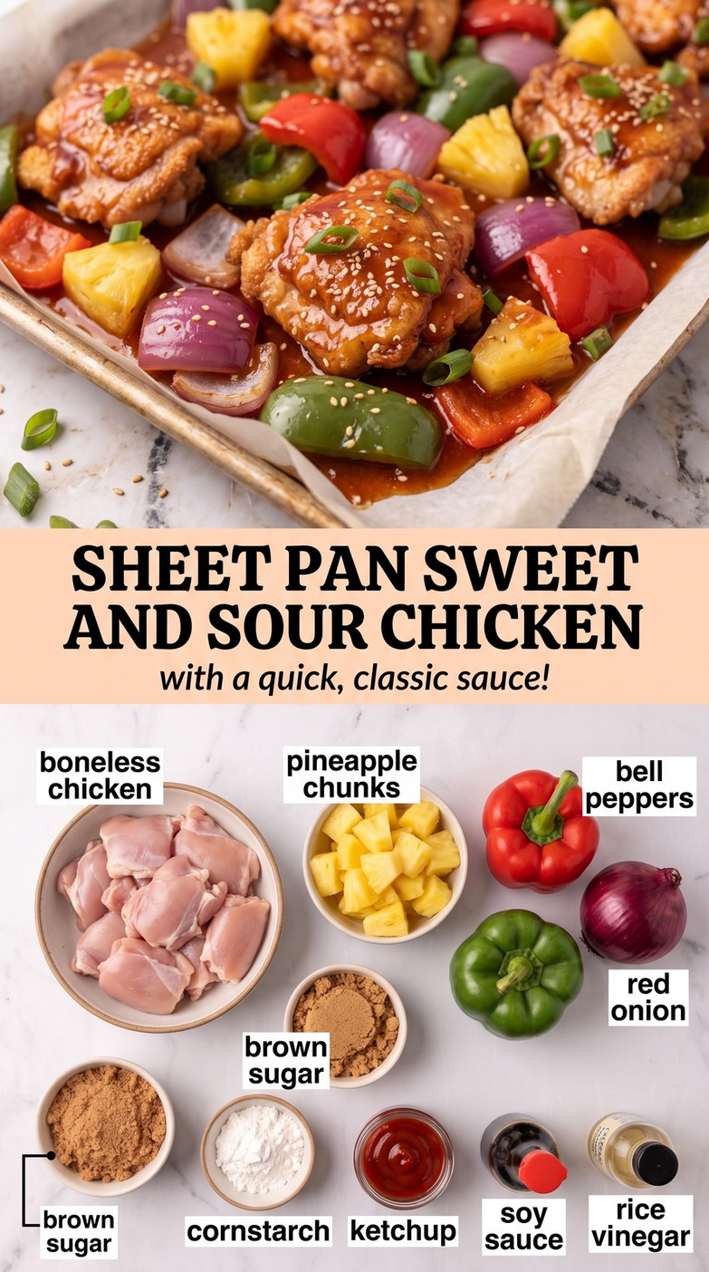 Sheet pan sweet and sour chicken finished dish made with boneless chicken, pineapple chunks, and bell peppers
