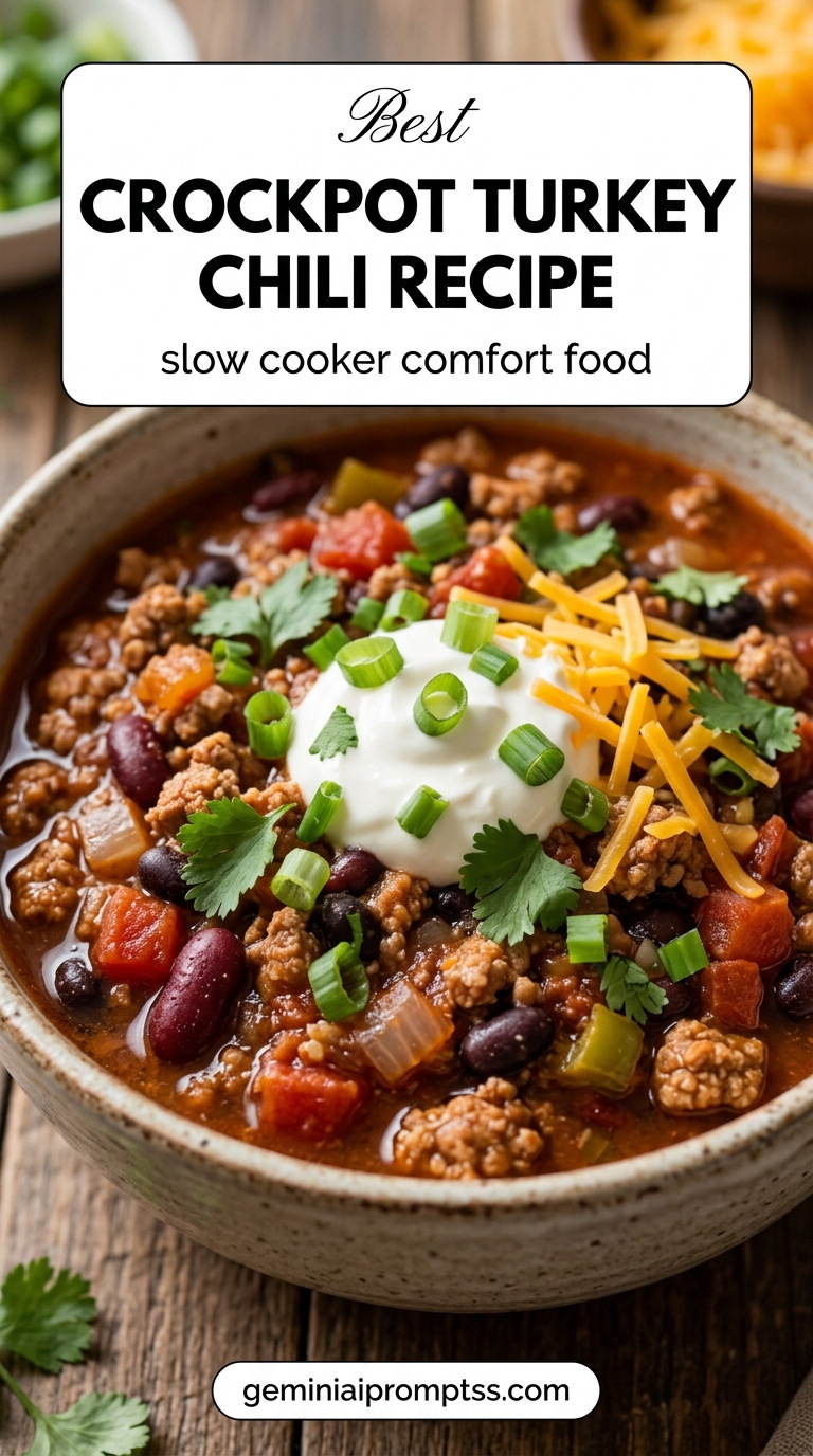 Crockpot Turkey Chili Recipe showing crockpot turkey chili with kidney and black beans, peppers, tomatoes, cheddar, sour cream, scallions, and cilantro